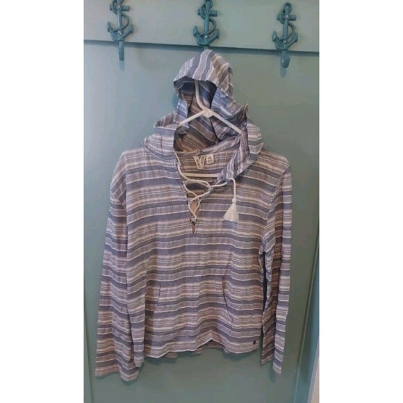 Roxy Tops - Roxy Paradise Calling Woven Poncho Hoodie - Blue Stripes - Women's Size M